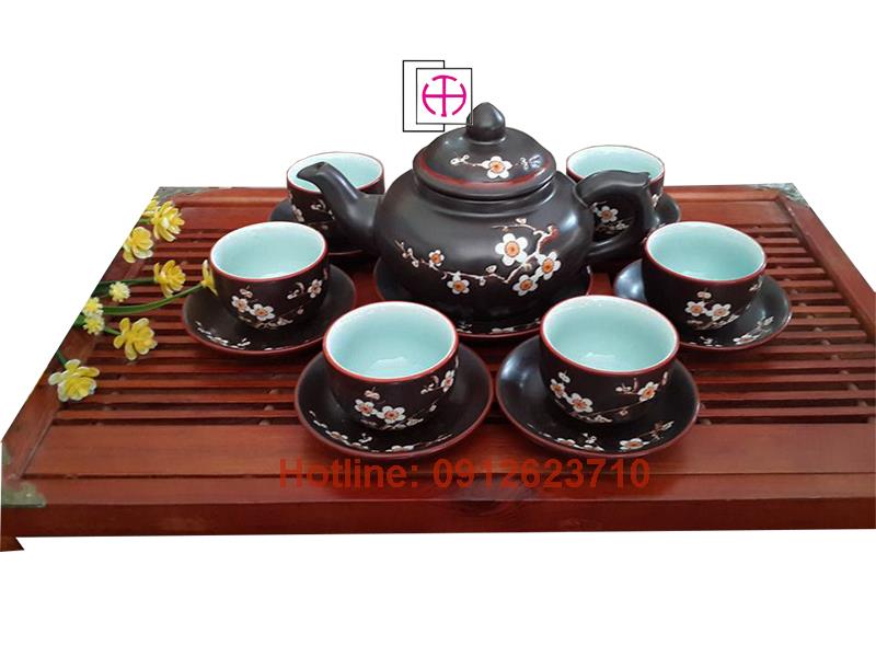 Bộ ấm trà minh long men nâu khắc hoa đào