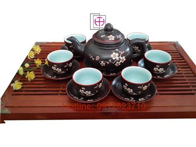 Bộ ấm trà minh long men nâu khắc hoa đào
