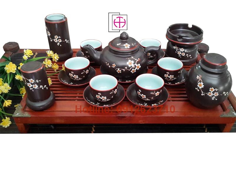 Bộ ấm trà minh long men nâu khắc hoa đào + phụ kiện